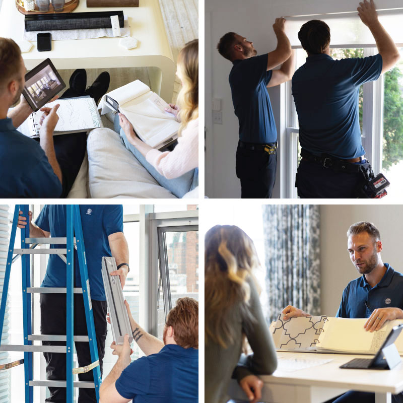 woman hanging curtains