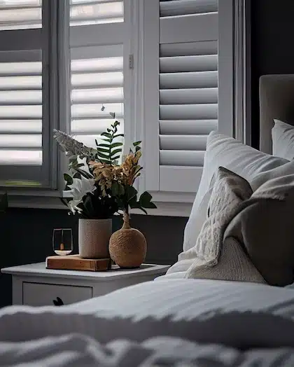 Luxury white indoor plantation shutters in bedroom - selective focus.